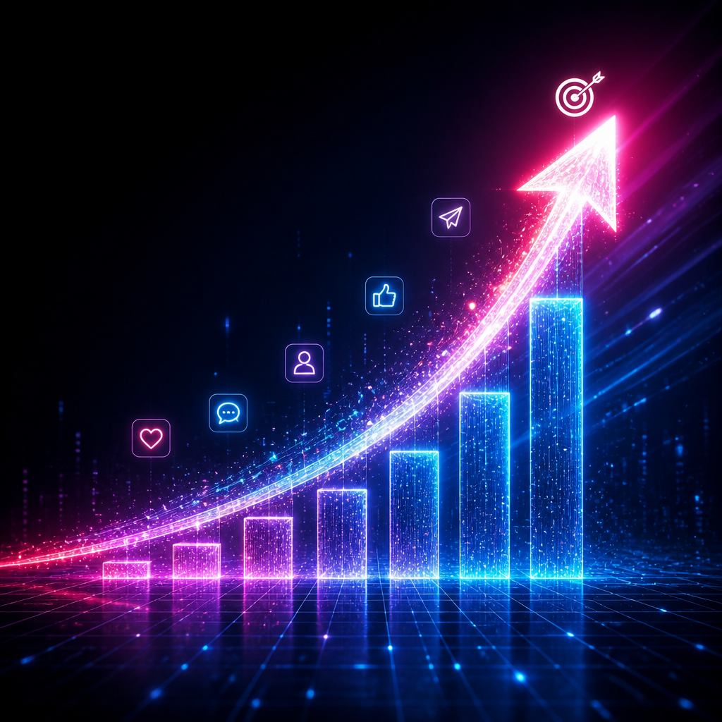 Ein leuchtender Graph in einem digitalen Raum zeigt ein steiles Wachstum nach oben an.